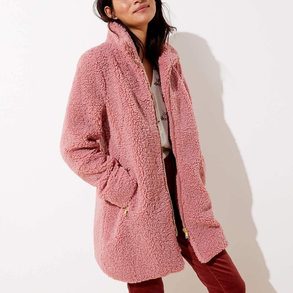 NWT LOFT Pink Faux Sherpa Funnel Neck Coat